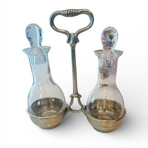 Vintage Glass Oil & Vinegar Cruet Set with Metal Caddy | Dual Decanter Condiment